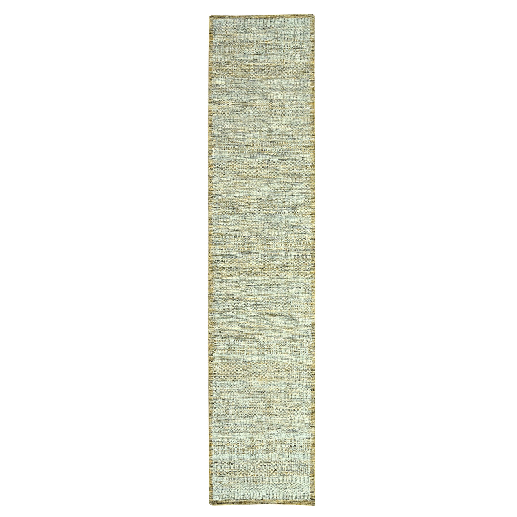 Mustard Yellow, 100% Wool, Oxidized and Distressed Grass Design with Exposed Warps, Hand Knotted, Narrow Runner, Oriental Rug